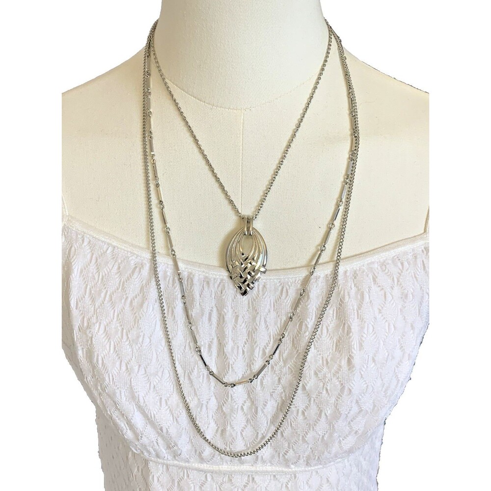 Vintage Modernist Layered Necklace Silver Tone Sculptural Pendant
